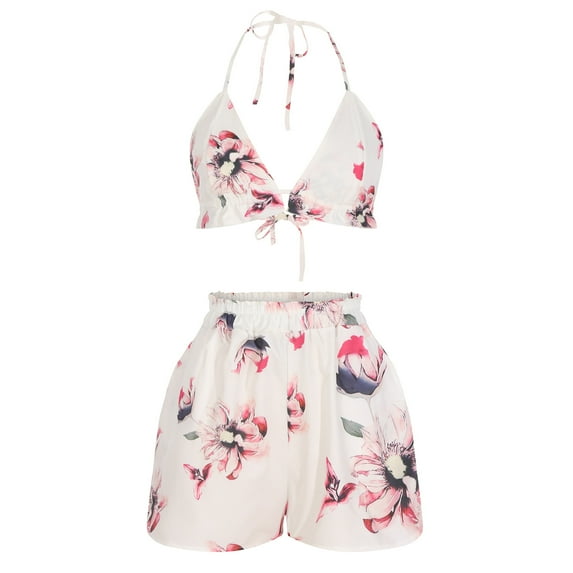 USSUMA Womens Dresses Vacation, Women Summer Boho Tropical 3 Piece Outfits Long Sleeve Shirt Jacket with Matching Bra and Short Pants Set 3 Piece Suit