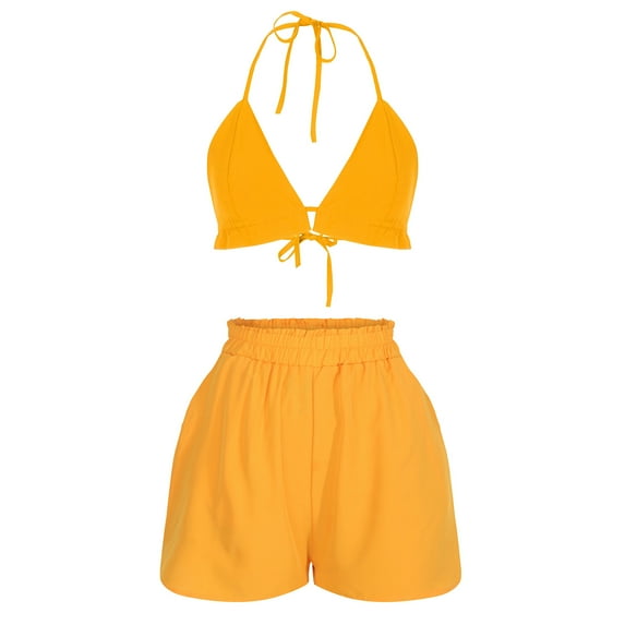 USSUMA Womens Dresses Vacation, Women's 3 Piece Bikini Top Swimwear Solid Color Shirts Matching with Bra and Shorts Swimsuit Bathing Suit with Kimono Cover Up