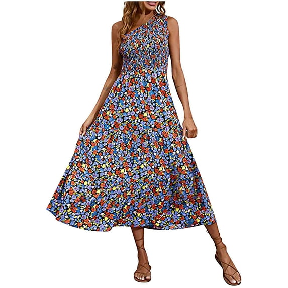 USSUMA Sundresses for Women Casual Summer Women's Boho Summer Printed One Shoulder Maxi Long Dress Sleeveless Smocked Flowy Tiered Beach Party Maxi Dress Sundress