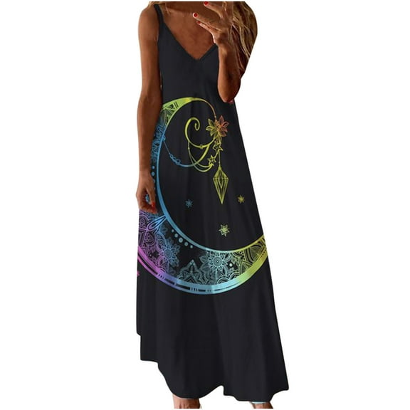 USSUMA Womens Dresses Vacation, Women's Dresses Sunflower Print Spaghetti Strap V Neck Boho Long Maxi Dress Summer Beach Flowy Ethnic Sundress