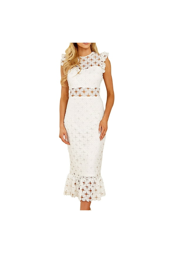 Womens Dresses Vacation, Women's Sleeveless Scalloped Hem Fitted Floral Lace Bodycon Dress Elegant Ruffle Evening Cocktail Party Pencil Maxi Dresses