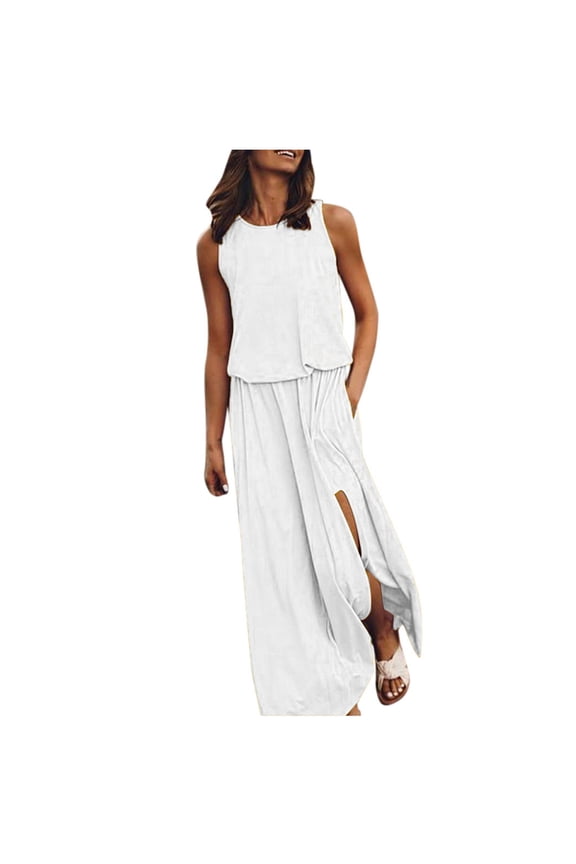 USSUMA Womens Dresses Vacation, Women's Summer Casual Long Sundress Empire Elastic Waist Pleated Loose Swing Casual Plain Slit Maxi Dress