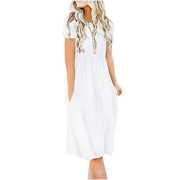USSUMA Womens Dresses Vacation, Women's Summer Casual T Shirt Dresses Short Sleeve Pockets Empire Waist Pleated Loose Swing Casual Flare Midi Dress