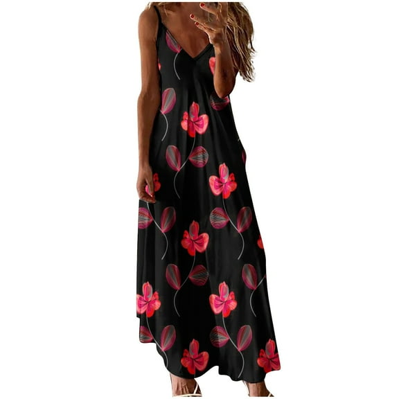 USSUMA Womens Dresses Vacation, Women's Summer Floral Printed Bohemian Spaghetti Strap Long Maxi Dress V Neck Sleeveless Casual Beach Vacation Sundresses
