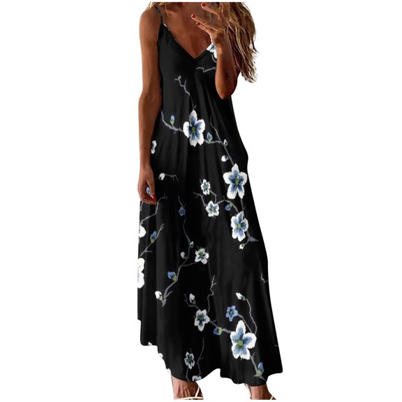 USSUMA Women's Summer Floral Printed Bohemian Spaghetti Strap Long Maxi Dress V Neck Sleeveless Casual Beach Vacation Sundresses