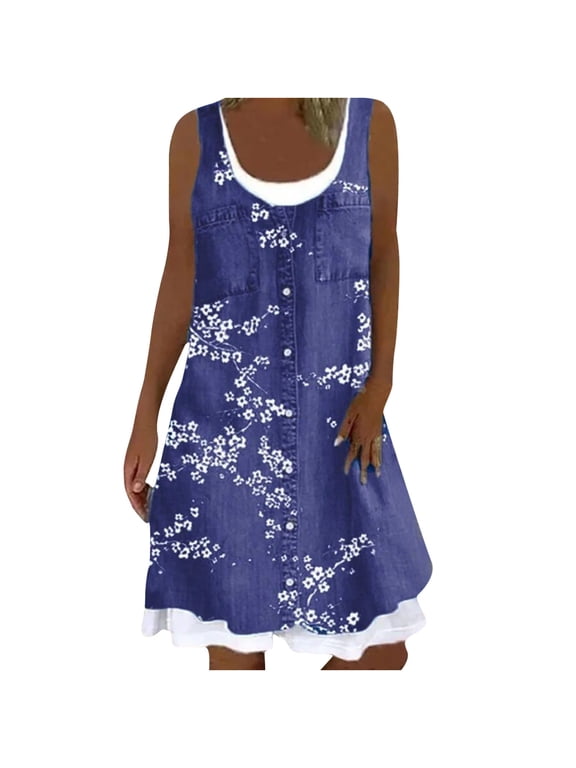 USSUMA Womens Dresses Vacation, Womens Plum Print Dresses Sleeveless Tank Dress Loose Fake Two Piece Vintage Flower Boho Flowy Beach Tshirt Dress