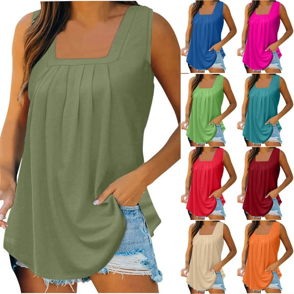 USSUMA Womens Fashion Summer Tops for Women 2025 Square Neck Sleeveless Solid Color Plain Loose Fit Casual Tops Lightweight Blouse Street Army Green Linen Tax Free Weekend L