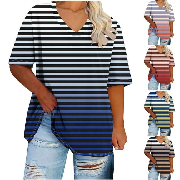 USSUMA Womens Fashion Tops for Women Trendy V Neck Short Sleeve Plus Size Tops for Women Prints Striped Vintage Tshirt Comfortable Tee School Blue Polyester Summer Saving XL