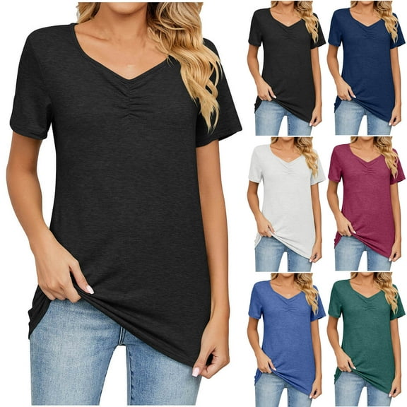 USSUMA Womens Fashion Tops for Women Trendy V Neck Short Sleeve Solid Color Plain Loose Fit Pleated Leisure T-Shirt Comfortable Shirt Gym Black Polyester Tax Free Weekend L