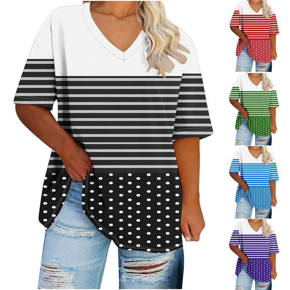 USSUMA Womens Fashion Womens Summer Tops V Neck Short Sleeve Plus Size Tops for Women Prints Striped Vintage Tops Breathable Tshirt Camping Black Polyester 50% off Clear XL