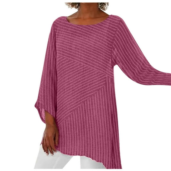 USSUMA Womens Fashion Womens Tank Tops Round Neck Asymmetric Long Sleeve Plus Size Tops for Women Prints Striped Retro Blouse Loose Tee Business Pink Polyester Online Shopping S