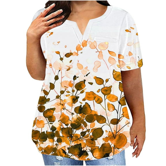 USSUMA Womens Fashion Womens Tops Round Neck Short Sleeve Plus Size Tops for Women Prints Loose Fit Trendy Shirt Fashion Blouse Daily Wear Yellow Polyester Sale XXXXL