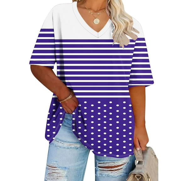 USSUMA Womens Fashion Workout Tops for Women V Neck Short Sleeve Plus Size Tops for Women Prints Striped Casual Tee Fashion Tshirt Travel Purple Polyester Festival Gift XXXXXL