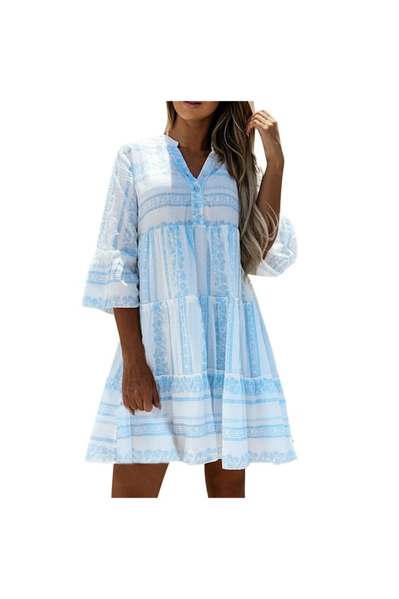 USSUMA Womens Floral Knee Length Shift Dress, Long Sleeves Sundresses for Women Plus Size Boho Fall V Neck Night Work Dresses High Waist Blouson Dress Skull Paisley Printed