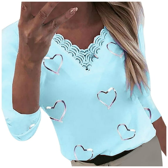 USSUMA Womens Going Out Tops Love Heart Print Women Blouses and Tops Fashion Long Sleeve V Neck Trendy Womens Lace Blouse