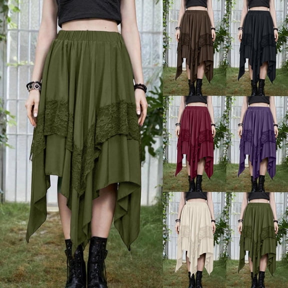 USSUMA Womens Gothic Lace Irregular Hem Skirt Elastic Waist Pull-On Punk Inspired Midi With Subtle Edge For Summer Streetwear Evening Casual And Festival Looks