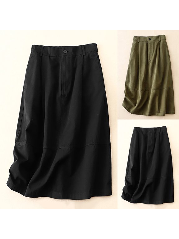 Womens Half-Back Elastic Waist A-Line Mid-Length Workwear Skirt Cotton Blend Pull-On Design With Pocket Details Durable Seam Finishes For Office Casual And Everyday Styling — Skirt