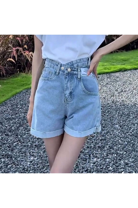 Womens High‑Waisted Designer‑Style Denim Shorts with Fringed Hem Pull‑On Stretchy Pocketed Fit Versatile for Summer Casual Wear Travel and Everyday Comfort, Denim, Shorts