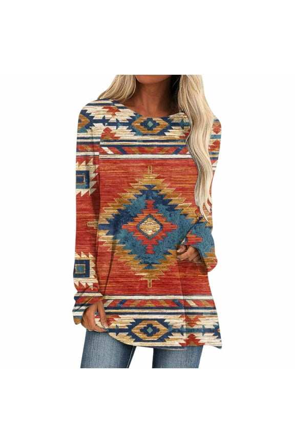 USSUMA Womens Long Sleeve Shirts Western Aztec Print Fit Tops Fall Casual Fashion Round Neck Blouses