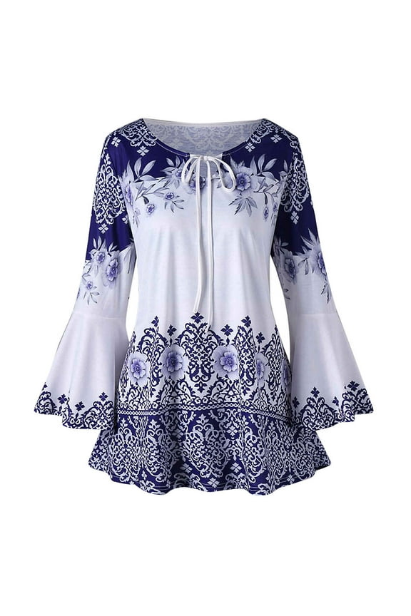 USSUMA Womens Long Sleeve Tops and Blouses, Womens Blouses Plus Size Floral Printed Flare Sleeve Tops Keyhole Lace-up Trendy O-neck T-Shirts Tunics for Female