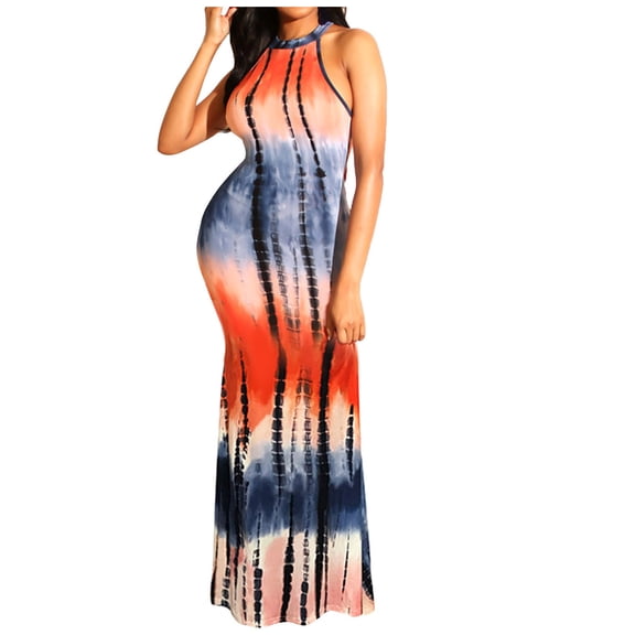 USSUMA Womens Maxi Sundresses Summer Casual Sleeveless Sexy Prom Formal Long Tank Bodycon Dresses Ladies Plus Size Tie-dye Halter Neck Sun Dress Beach Vacation Party Female
