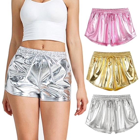 USSUMA Womens Metallic Reflective Party Beach Shorts Imitation Leather Hot Gold Clubwear High Shine Pull-On Elastic Waist Slim Fit Nightclub Festival Performance Outfit, Party, Night Out