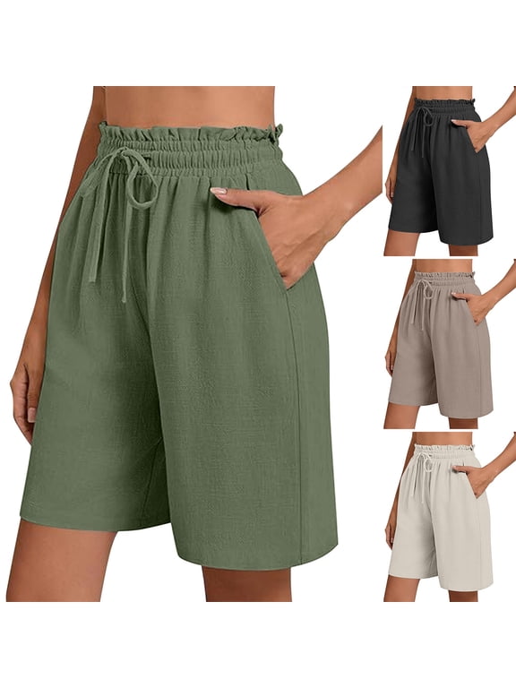 Womens Mid-Length Wide-Leg Drawstring High-Waist Shorts with Pockets Pull-On Elastic Waist Relaxed Fit Breathable Cotton Blend Casual Summer Five-Inch Inseam Shorts, Casual, Everyday