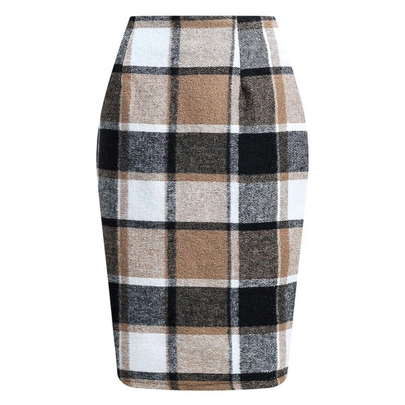 USSUMA Womens Plaid Wool Pencil Skirt Tailored High-Waist Knee-Length Slim Fit Check Pattern Classic Office And Seasonal Winter Styling With Lined Comfort And Rear Zipper Closure — Skirt