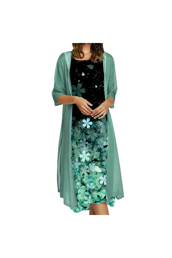 Beach Dresses for Women Casual Summer, Womens Plus Size Summer Dresses Flowy Floral Print Two-Piece Set Dress Crewneck Sleeveles Dress Cadigan for Wedding Guest