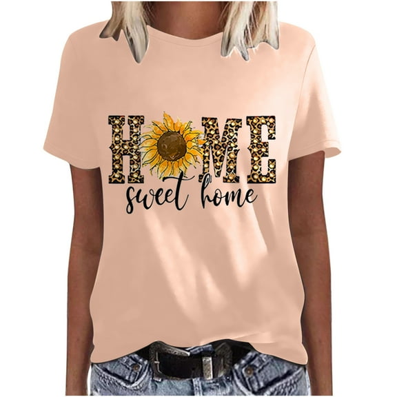 USSUMA Womens Plus Tops and T-Shirts - Basic Tops for Women Plus Size Sunflower Tops Crewneck Short Sleeve Letter Print Tees T-shirt Loose Casual Blouse Tops 2025 Beach