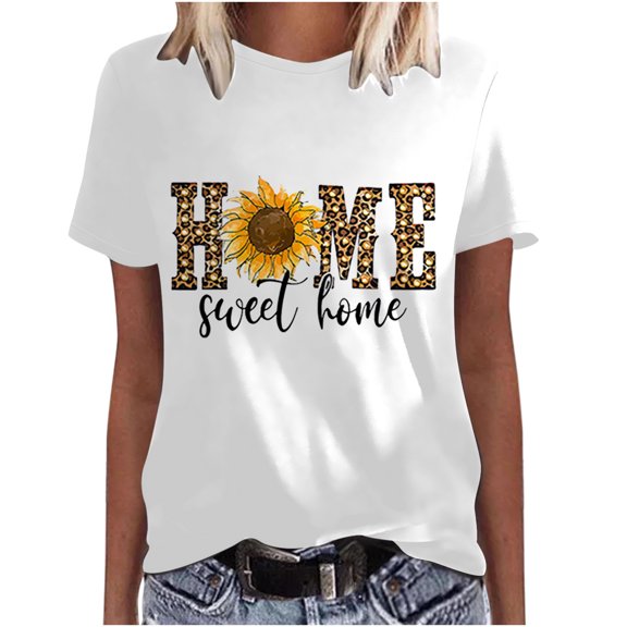 USSUMA Womens Plus Tops and T-Shirts - Basic Tops for Women Plus Size Sunflower Tops Crewneck Short Sleeve Letter Print Tees T-shirt Loose Casual Blouse Tops 2025 Beach