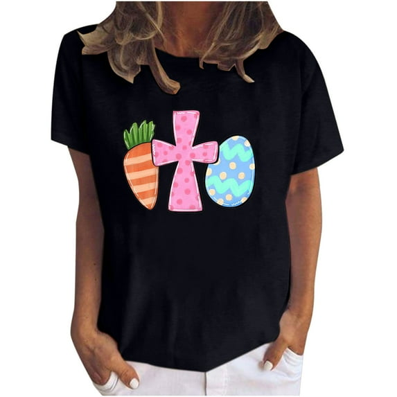 USSUMA Womens Plus Savings Tops and T-Shirts Cute Summer Tops for Women, Easter Shirts for Women Short Sleeve Tunic Top Round Neck Oversized Shirt Graphic Tee Tshirt 2022 Beach
