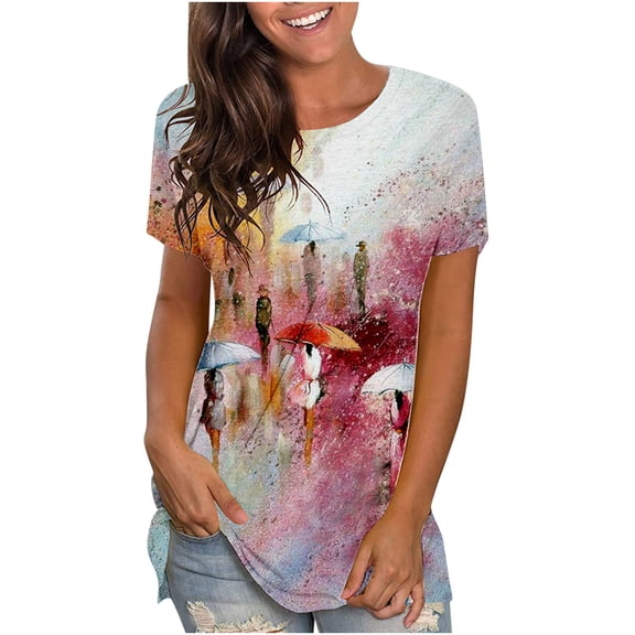 USSUMA Womens Plus Tops and T-Shirts Cute Summer Tops for Women Plus Size Tunic Tops O-neck Print Short Sleeve Tie Dye Shirts Casual Loose Tshirt Tops Blouse 2022 Beach