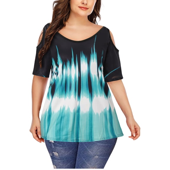 USSUMA Womens Plus Tops and T-Shirts - Plus Size Tops for Women Short Sleeve Cold Shoulder Tunic Sexy Casual Printed Cut Out Graphic Tees Shirts Tops Blouses 2022 Beach