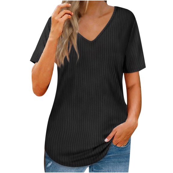 USSUMA Womens Plus Tops and T-Shirts - Short Sleeve Tops for Women Casual V Neck Tops Short Puff Sleeve Solid Color Pullover Blouse Loose Casual Summer T-shirt 2022 Beach
