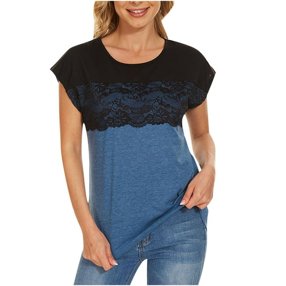 USSUMA Womens Plus Tops and T-Shirts - T Shirts for Women Short Sleeve Summer Tops O-neck Lace Patchwork Shirts Summer Basic Loose Casual Tops Tee Shirts 2022 Beach
