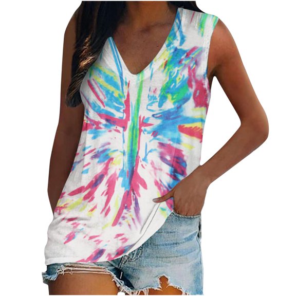USSUMA Womens Plus Tops and T-Shirts - V Neck Tank Tops for Women Cute Summer Plus Size Tank Tops Colorful Print Sleeveless Tshirt Casual Loose Comfy Tank Tops 2022 Beach