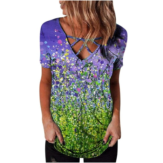 USSUMA Womens Plus Savings Tops and T-Shirts - V Neck Tunic Tops for Women, Oversized V Neck T Shirts for Women Summer Tops Floral Short Sleeve Tee T Shirts Blouse 2022 Beach
