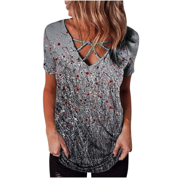 USSUMA Womens Plus Savings Tops and T-Shirts - V Neck Tunic Tops for Women, Oversized V Neck T Shirts for Women Summer Tops Floral Short Sleeve Tee T Shirts Blouse 2022 Beach