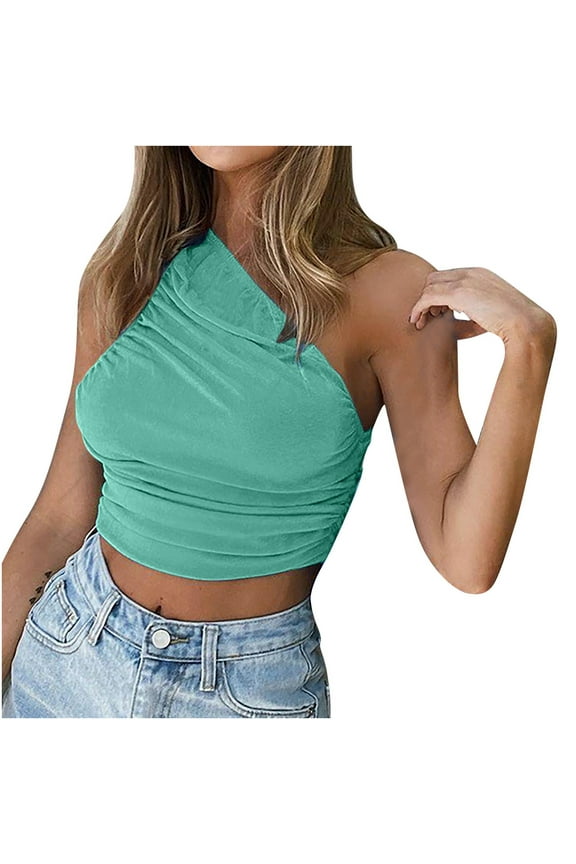 USSUMA Womens Plus Tops and T-Shirts Women's Sleeveless Tops Summer, Women's Sexy Ruched One Shoulder Sleeveless Crop Top Strappy Cami Tank 2022 Beach