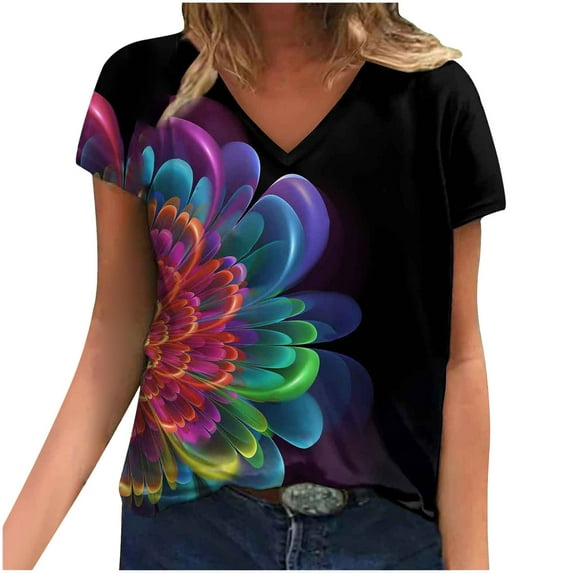 USSUMA Womens Plus Savings Tops and T-Shirts - Womens Summer V Neck Tops Graphic Floral Tees Short Sleeve Tunic Tops V Neck Graphic T Shirts Loose Casual Blouses Tops 2022 Beach