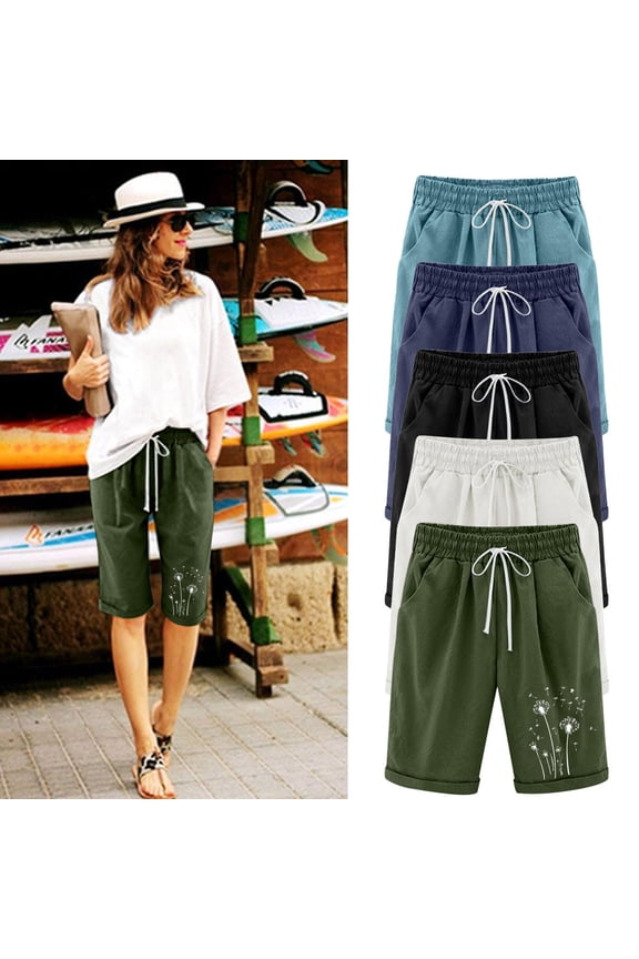 Womens Printed Plus-Size Linen Shorts Loose Pattern High Waist Pull-On Elastic Waist Breathable Cotton-Linen Blend with Functional Pockets for Summer Lounge Travel Casual, Plus Size, Summer
