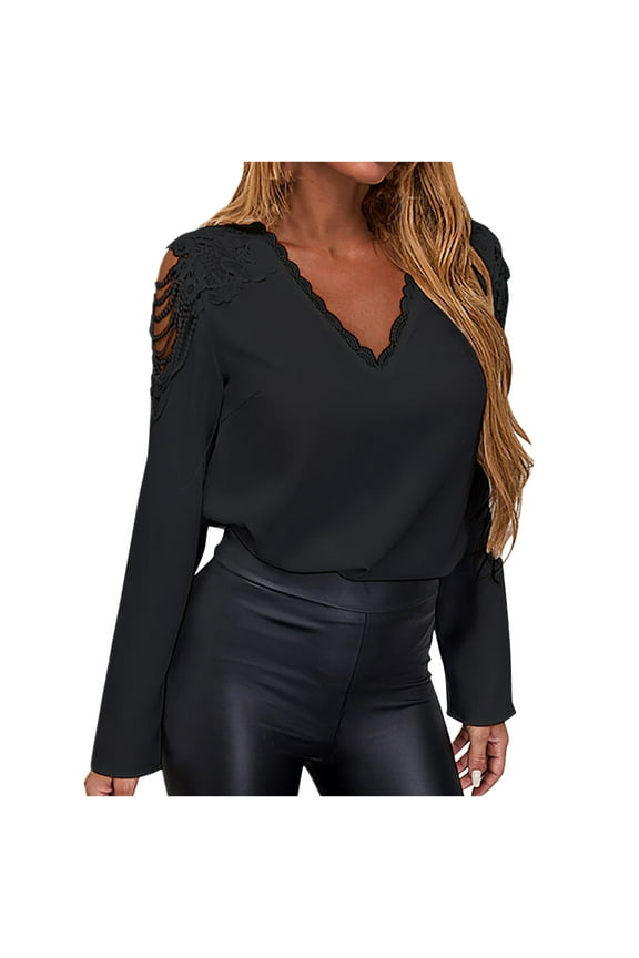 USSUMA Womens Shirts Dressy Casual Plain Lace Tops for Evening Wear Long Sleeve V Neck Sexy Women Blouses and Tops Fashion