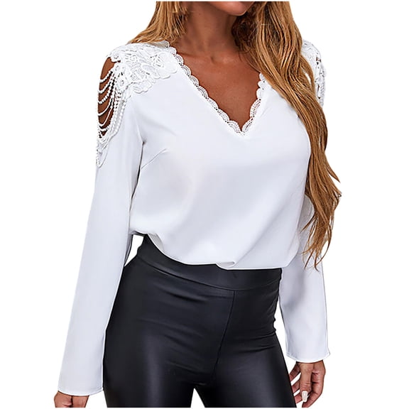 USSUMA Womens Shirts Dressy Casual Plain Lace Tops for Evening Wear Long Sleeve V Neck Sexy Women Blouses and Tops Fashion