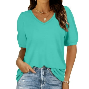 USSUMA Womens Short Sleeve Tops V Neck Puff Sleeve Summer Loose Fit Casual Fashion Blouse up to 50% off Green XXL