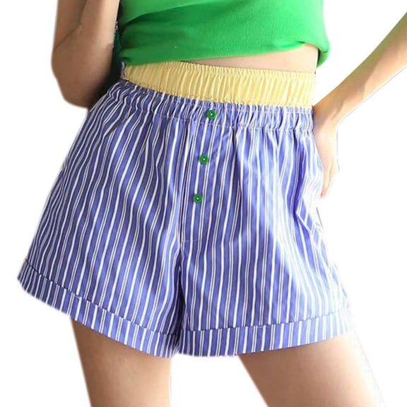 USSUMA Womens Stripe Button Elastic Waist Casual Shorts Mid-Rise Pull-On Lightweight Breathable Twill Fabric with Pockets Comfortable Summer Everyday Wear, Casual, Shorts