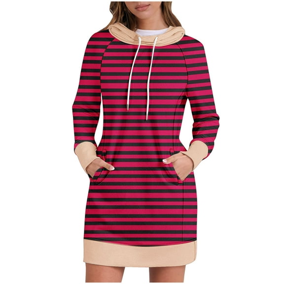 USSUMA Womens Summer Dresses Summer Dresses Long Sleeve Solid Color Dress with Pocket Hoodie Striped Maxi Dress Casual Skirt Loose Skirt Trekking Tax Free Weekend Red Dress Size-XL