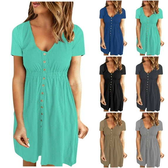 USSUMA Womens Summer Dresses Summer Dress Short Sleeve Crew Neck Casual Solid Color Button Maxi Dress Elegant Skirts Comfortable Dress Camping Sale Black Dress Size-L