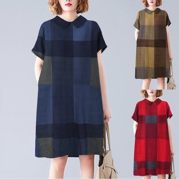 USSUMA Womens Summer Dresses Summer Dress Short Sleeve Lapel Collar Loose Fit Maxi Dress Leisure Skirts Lightweight Skirt Birthday Up to 50% off Dark Blue Dress Size-S