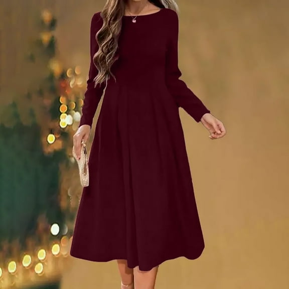 USSUMA Womens Summer Dresses Summer Dresses Long Sleeve Crew Neck Casual Solid Color Maxi Dress Leisure Skirt Breathable Skirts Daily Wear s Wine Dress Size-XXL